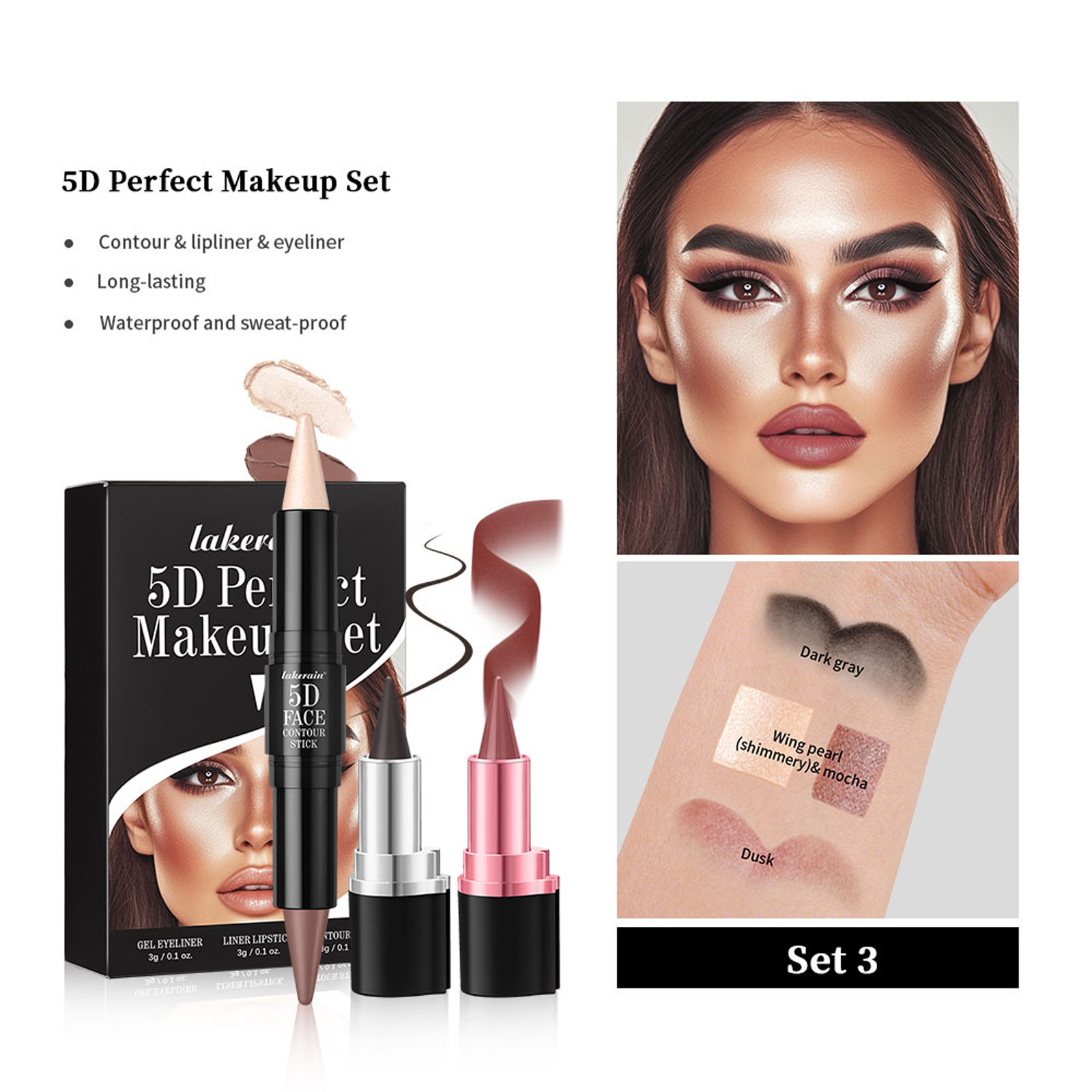 3 PCs Lipstick Lip Liner Eyeliner - Image 5