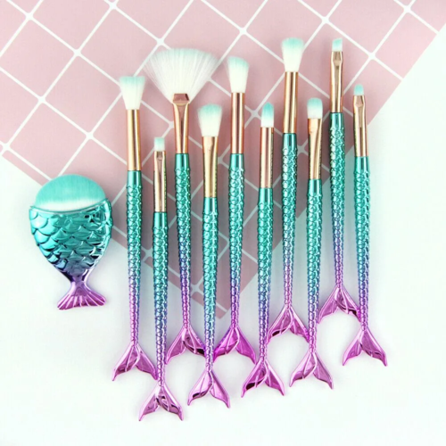 11pcs mermaid-gradient blue with fan-shaped makeup brush - Image 3