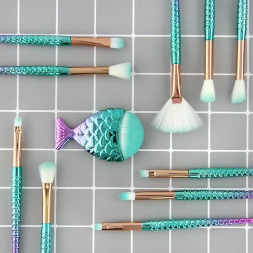 11pcs mermaid-gradient blue with fan-shaped makeup brush - Image 5
