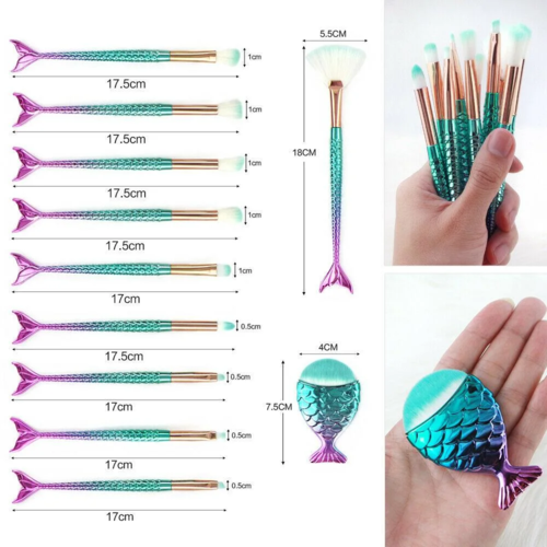 11pcs mermaid-gradient blue with fan-shaped makeup brush - Image 6